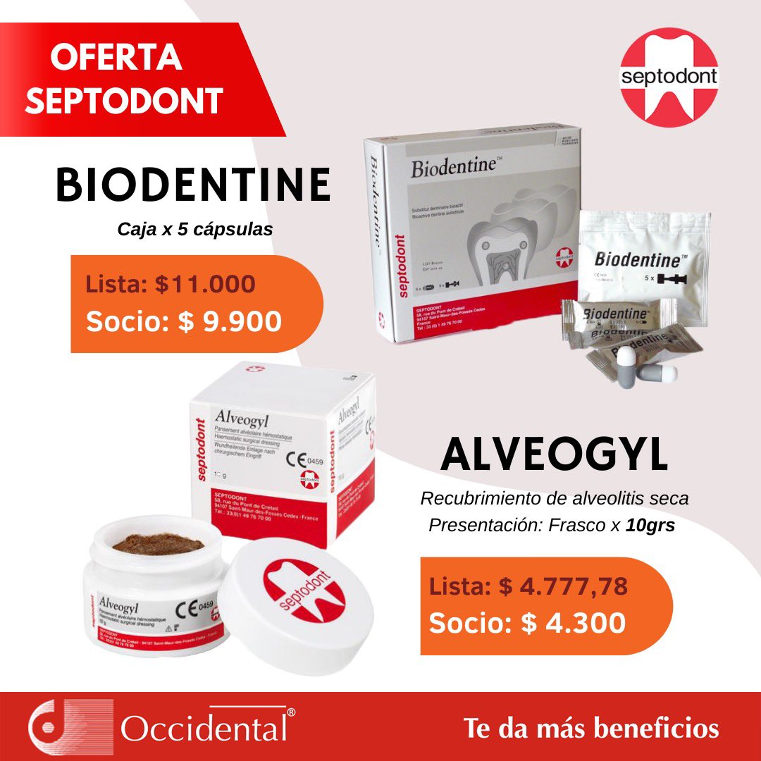 occidentalweb's tweet photo. 𝗢𝗙𝗘𝗥𝗧𝗔 𝗦𝗘𝗣𝗧𝗢𝗗𝗢𝗡𝗧 
Biodentine - Caja x5 Cápsulas 
👉Lista $11.000
✴️𝗦𝗼𝗰𝗶𝗼 $9.990

Alveogyl - frasco x10 grs 
👉Lista: 4.777,78
✴️𝗦𝗼𝗰𝗶𝗼: $4.300

Disponible en Occidental
🔺 https://t.co/3LZgDhGmuT
📲 WhatsApp +54 9 11-3690-0094
📞 (011) 4821-0989 https://t.co/utLhBNHkbD