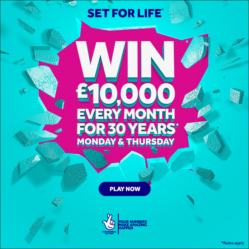 TNLUK's tweet photo. Smash every month with Set For Life! 🙌 Your chance to win £10,000 every month for 30 years*. Install the App and play now!