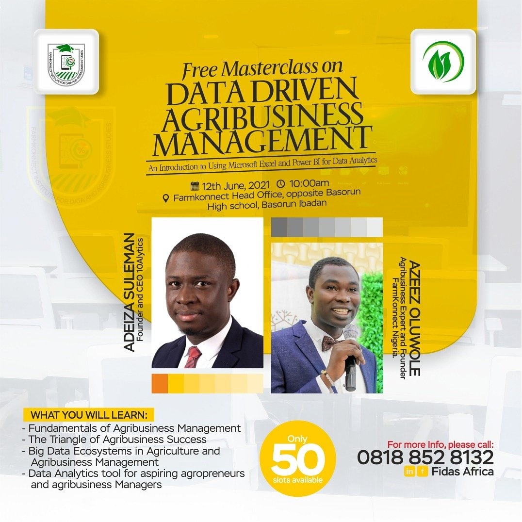 FIDASFKN's tweet photo. FIDAS Africa invites interested individuals and professionals to her Master Class Training on Data-Driven Agribusiness Management: An Introduction to using Microsoft Excel and Power BI for data analysis. The master class promises intriguing sessions. 
https://t.co/a8G0EeST40 https://t.co/Aee1nY0x3y