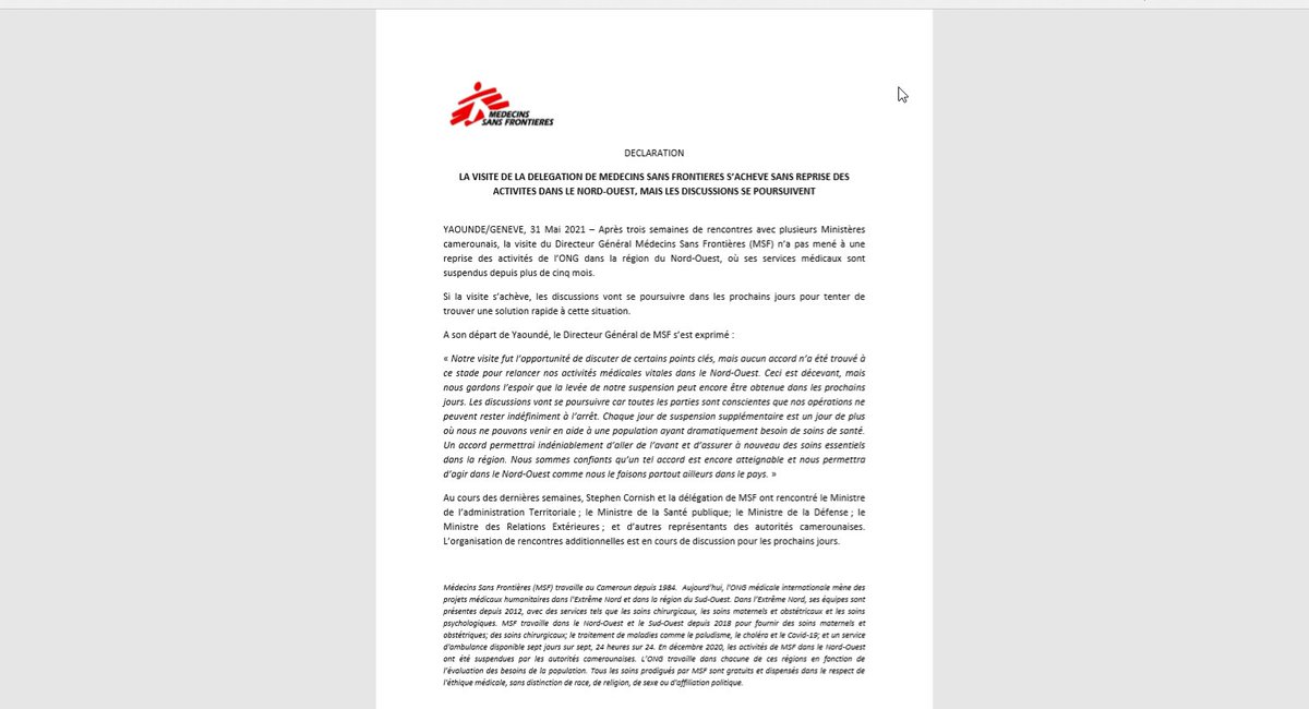 #Cameroun – Après 2 semaines de visite par une délégation <a href="/MSF/">MSF International</a> pour la reprise de nos activités dans le Nord-Ouest, aucun accord n’a été trouvé. Nous gardons l’espoir que la levée de notre suspension peut encore être obtenue dans les prochains jours
