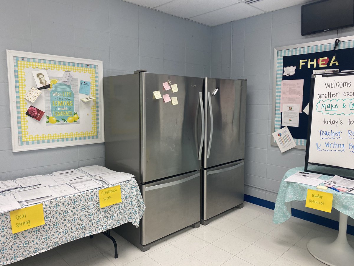 collablabladies's tweet photo. The Collab Lab and Lounge are loving the visits today! Intervention materials and brainstorming great texts we want to get in kiddos hands in one space and Make and Take resources to get us set for Fall in the lounge:) Thank you FMT for using the Post-It Fridge Share, too! https://t.co/CwbEsNJDbd