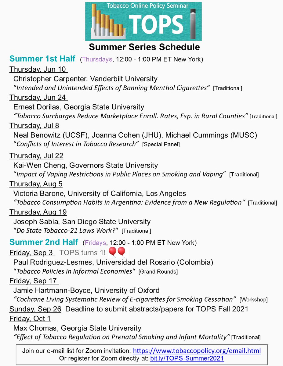 📢Big news📢 We are thrilled to announce our summer 2021 series! We are SO honored to have a TOPS-notch set of presentations delivered by 🌟#tobacco #policy #researchers 🌟 We kickoff the series with 🌟#KittCarpenter 🌟 June 10th 12-1 pm ET! Sign up: tobaccopolicy.org/email.html