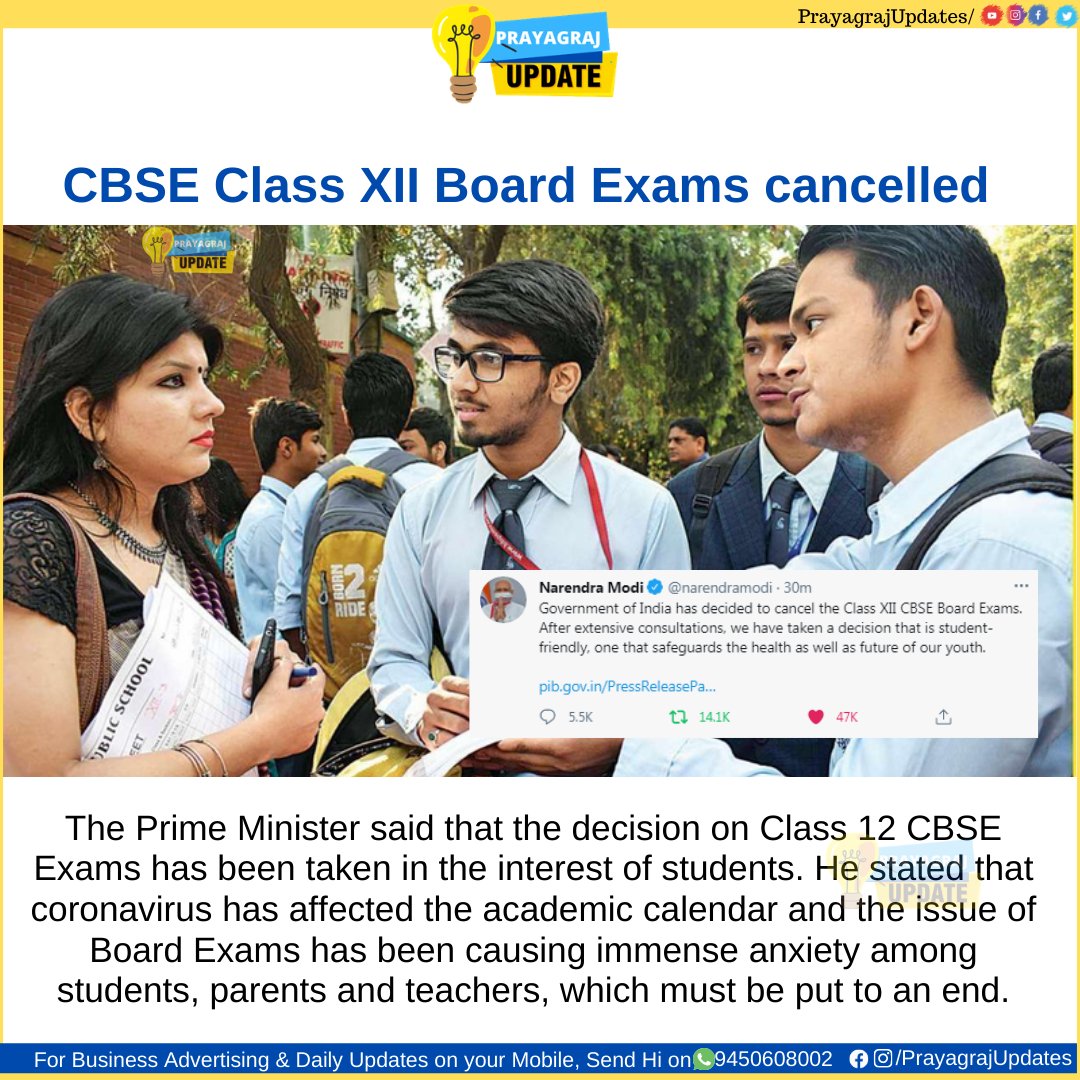 prayagrajupdate's tweet photo. Class XII results will be made as per a well-defined objective criteria in a time-bound manner
#cbseboardexams #CBSEclass12 #cbseXII #cbseboardexam2021 #Prayagraj https://t.co/4KYqv0kzFP