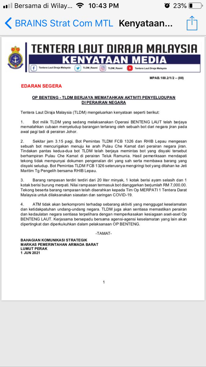 tldm_rasmi's tweet photo. Kenyataan Media TLDM 1 Jun 21 - ”OP Benteng: TLDM Berjaya Mematahkan Aktiviti Penyeludupan di Perairan Negara.”

#NavyUpdate
#TLDMSiaga https://t.co/QHMmneXvVb