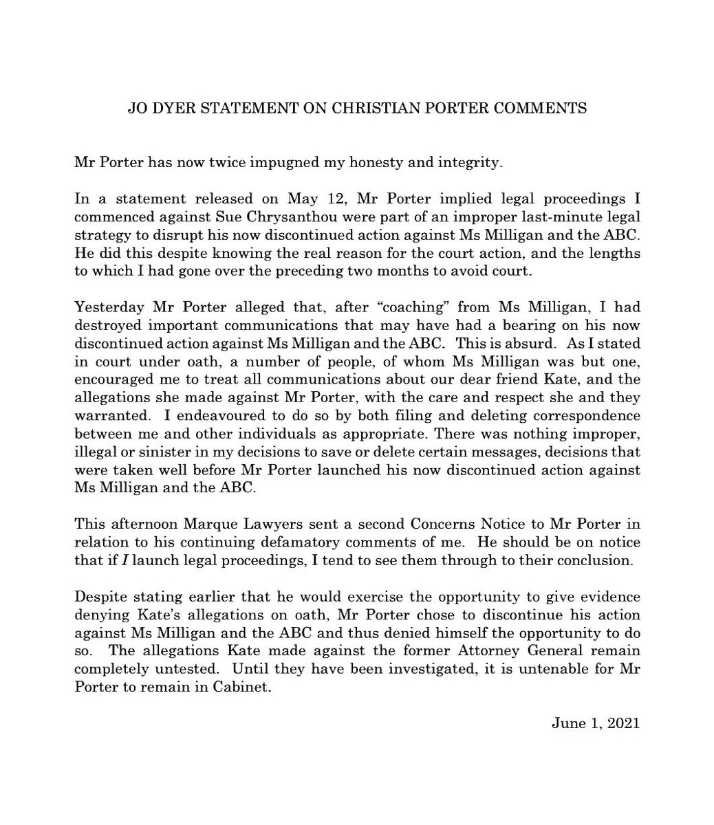 plainJaniexx's tweet photo. Statement by Jo Dyer a close friend of Christian Porter’s alleged rape victim who is threatening to sue the federal Liberal minister for defamation, a day after he agreed to drop his own defamation case against the ABC. #JusticeForKate #GoJo #PorterResign #BravoLouise https://t.co/ALWJKEKVsS