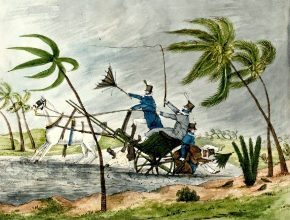Hurricanes have impacted Jamaica for centuries. So it’s no surprise to see them depicted in historical artwork. 

This 1812 watercolour by English painter Catherine Street is said to have been painted here. It is now housed at Brown University. 

#arteventsja #hurricaneseason