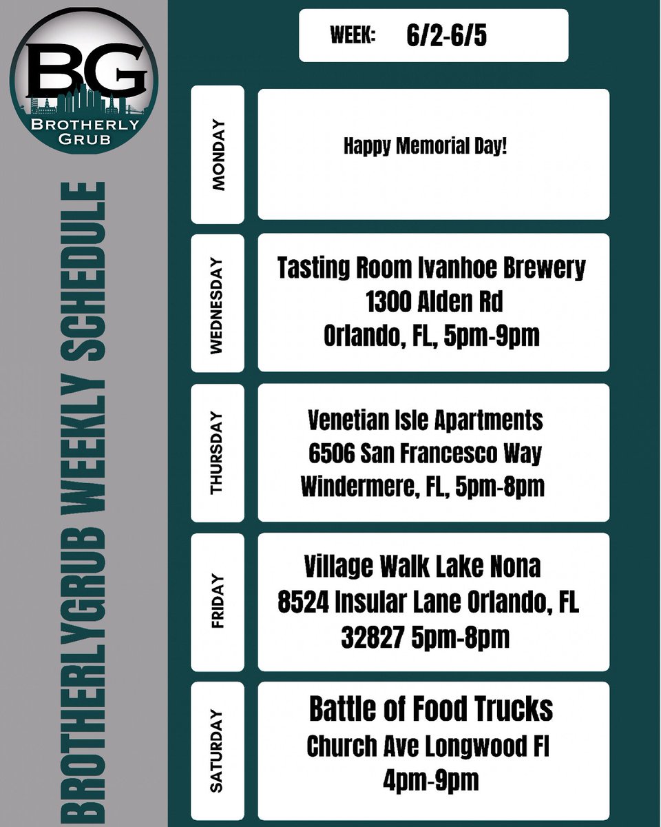 This weeks schedule is good to go!