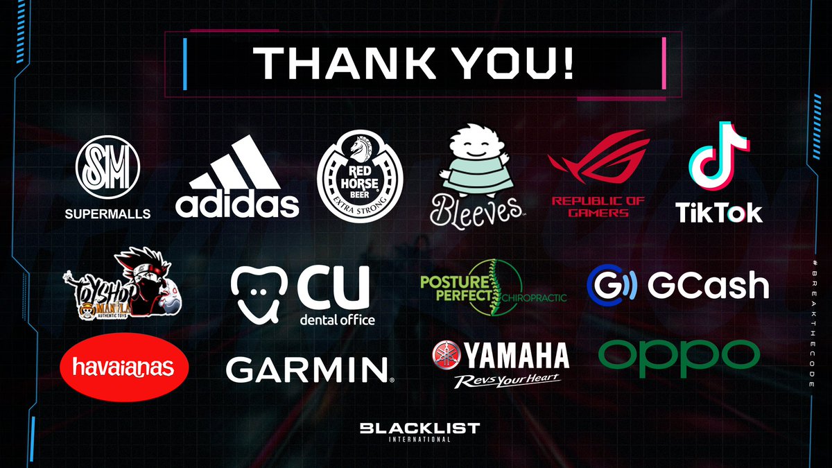 We couldn't be the champions we are today without the support of our sponsors. These brands believed in what Blacklist International could achieve. We are grateful! 🖤

#BreakTheCode