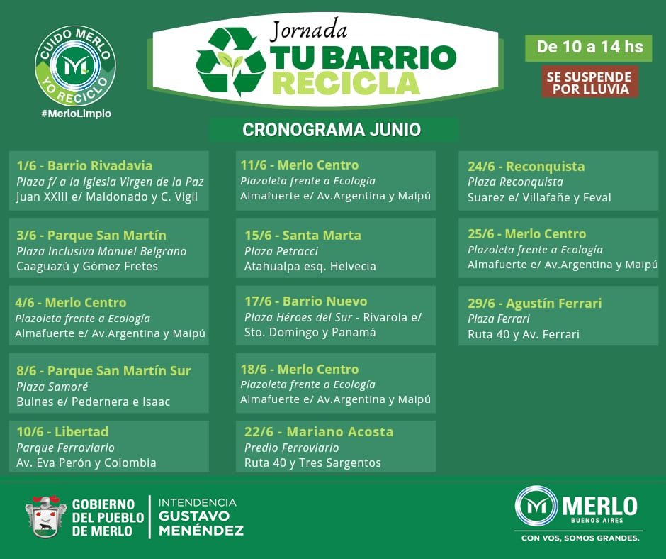 MerloGob's tweet photo. Desde el programa #MerloLimpio llegan las jornadas de #TuBarrioRecicla, organizadas por la Secretaría de Delegaciones de #Merlo.
✅Participá llevando tus reciclables separados, limpios y secos
♻ https://t.co/PySL68MZSe
#CuidoMerlo #YoReciclo https://t.co/0uK9gFwS60