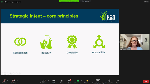 LizFoggitt's tweet photo. We need to be inclusive to drive sector transformation &amp; build a diverse supply chain.

This afternoon our CEO, @danimorle, kicks off the first of our webinar series to present @Bonsucro's new strategy. Great turn out from members in Central America.

#ChangingForGood https://t.co/TpZ4m1NLEI