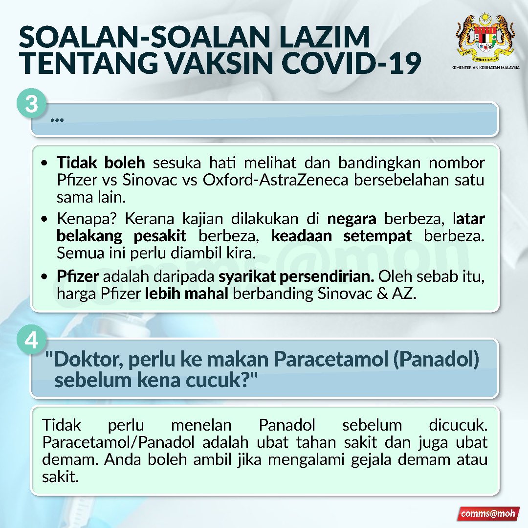 KKMPutrajaya's tweet photo. Berikut 12 soalan yang kerap ditanya orang ramai hasil pemerhatian di Pusat-pusat Pemberian Vaksin (PPV).

#LindungDiriLindungSemua 

1/3 https://t.co/7lo42qjMcN