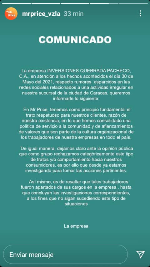 RmFotoSucre's tweet photo. Mr.Price Venezuela por fin se pronuncia a través de un comunicado publicado historia de instagram. Dicho comunicado referente a la denuncia de supuesta agresión por parte de los trabajadores de Mr.Price Venezuela #Caracas el día Domingo.
#mrpricevenezuela #01jun #junio #mrprice https://t.co/s4EEGVlBPE