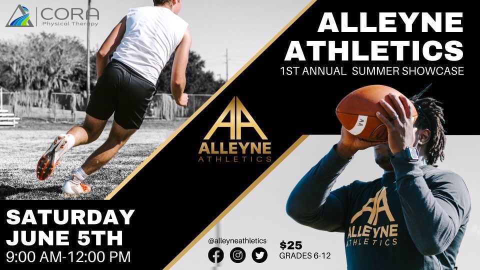 CORAPTherapy's tweet image. Join us this Sat. in Mount Dora, FL at the first annual Alleyne Athletics Football Combine. CORA #ActiveTracks will be there providing onsite SMED services as well as talking with parents and athletes about the importance of off-season conditioning and health &amp;amp; wellness.