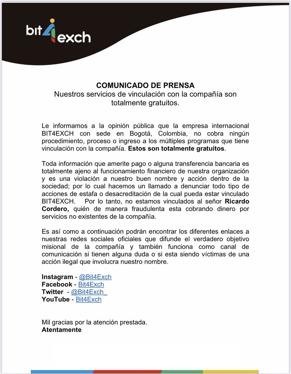 Bit4Exch_'s tweet photo. 🔴 Comunicado de prensa 
Informamos a la opinión pública lo siguiente: 👇 https://t.co/HawCP4lwak