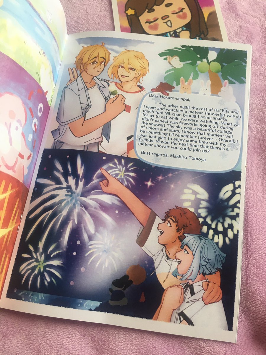 decomakke's tweet photo. My @ENSTcrossing zine came in a while ago but I finally took pictures today! The zine is gorgeous 💕✨ 

I’m so happy with the extra merch too, there are soo many adorable buttons and the stickers are super cute!

Special thank you to my friend + zine mod @PirateShrimp 💗 [1/2] https://t.co/vKD0GGQstO