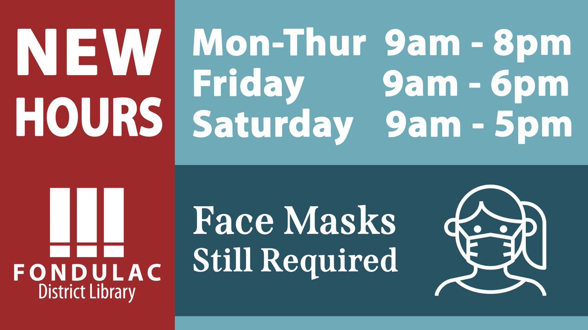 Come visit the library - we have NEW HOURS! 

(Facemasks still required!)

fondulaclibrary.org 
#FondulacLibrary 
#NewHours
#COVID19