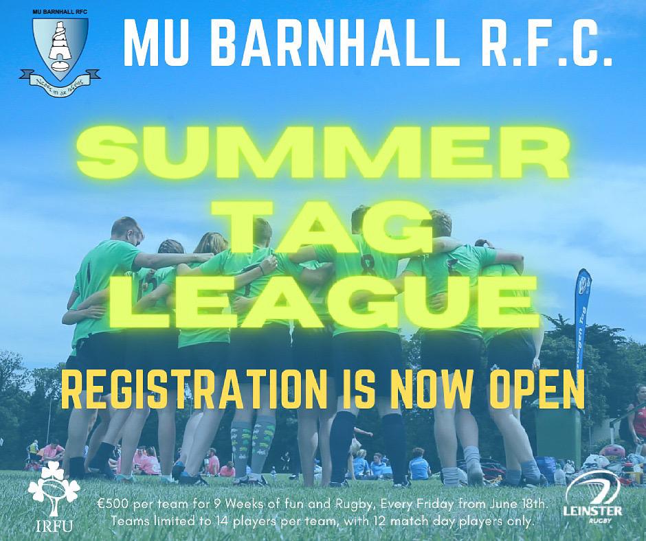 mubarnhallrfc's tweet photo. MU Barnhall Summer Tag League Registration is now open to all teams, Please click on the link below and get your team registered. It's going to be a great summer in Parsonstown. https://t.co/k8Kv5hFRPV #summertag #tagrugby #thepridethepassiontheblue @leinsterrugby @bankofireland https://t.co/v92W0KLpYL
