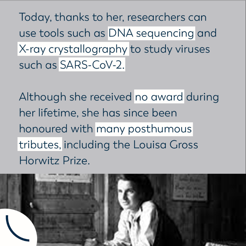 4womeninscience's tweet photo. [#RecognizeWomenInScience]
Dr. Rosalind Franklin made a crucial contribution to the discovery of the double helix structure of DNA 🧬, but 3 male scientists received the @NobelPrize for it. She did scientific research in the 1950s, even though her family was against it. ⤵
