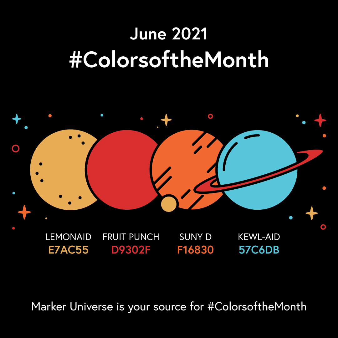 markeruniverse's tweet photo. New month, new #ColorsoftheMonth palette! June's color palette is definitely summer-inspired. Learn more about the #ColorsoftheMonth art challenge & shop our preselected color matches at https://t.co/cgmBFAOQTw
#yr23 #r27 #yr07 #bg02 https://t.co/8hXQRLRfU4