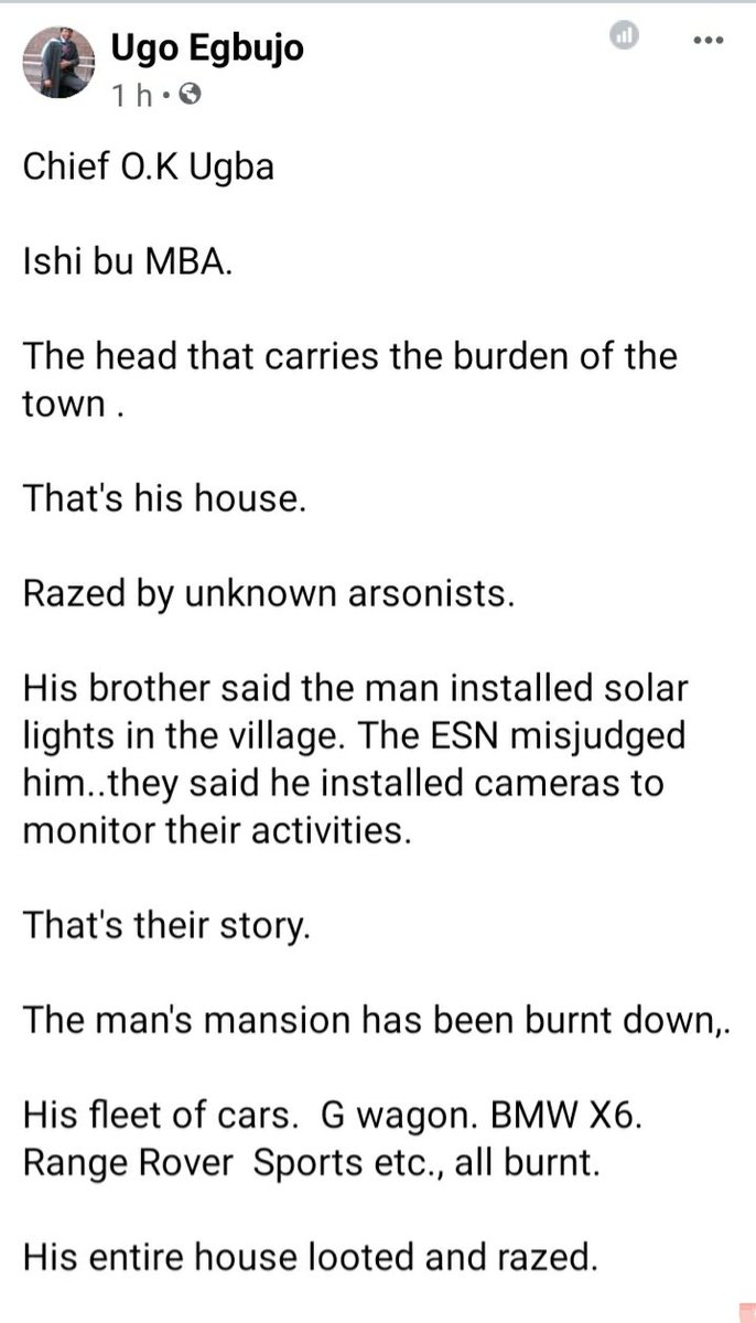 ogundamisi's tweet photo. IPOB Biafra Revolution!
Chief O K Ugba's mansion is reported to have been burnt down because the solar lights he installed in his village of Amangwu Ohafia was rumoured by ESN to have spy cameras spying on "Biafra Soldiers" like every fug of war situation, they went after him. https://t.co/eygPbA8aZN