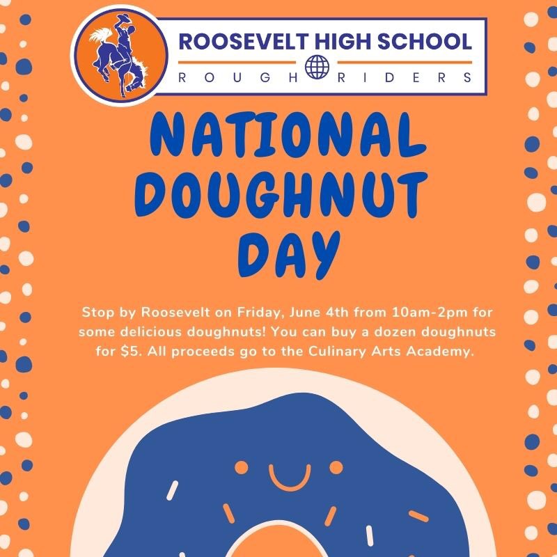RooseveltCAA's tweet image. Stop by @RooseveltHSDC on Friday, June 4th from 10am-2pm for some delicious doughnuts prepared by our Culinary Arts @NAFCareerAcads chefs for #NationalDoughnutDay! You can buy a dozen doughnuts for $5. All proceeds go to the Culinary Arts Academy.