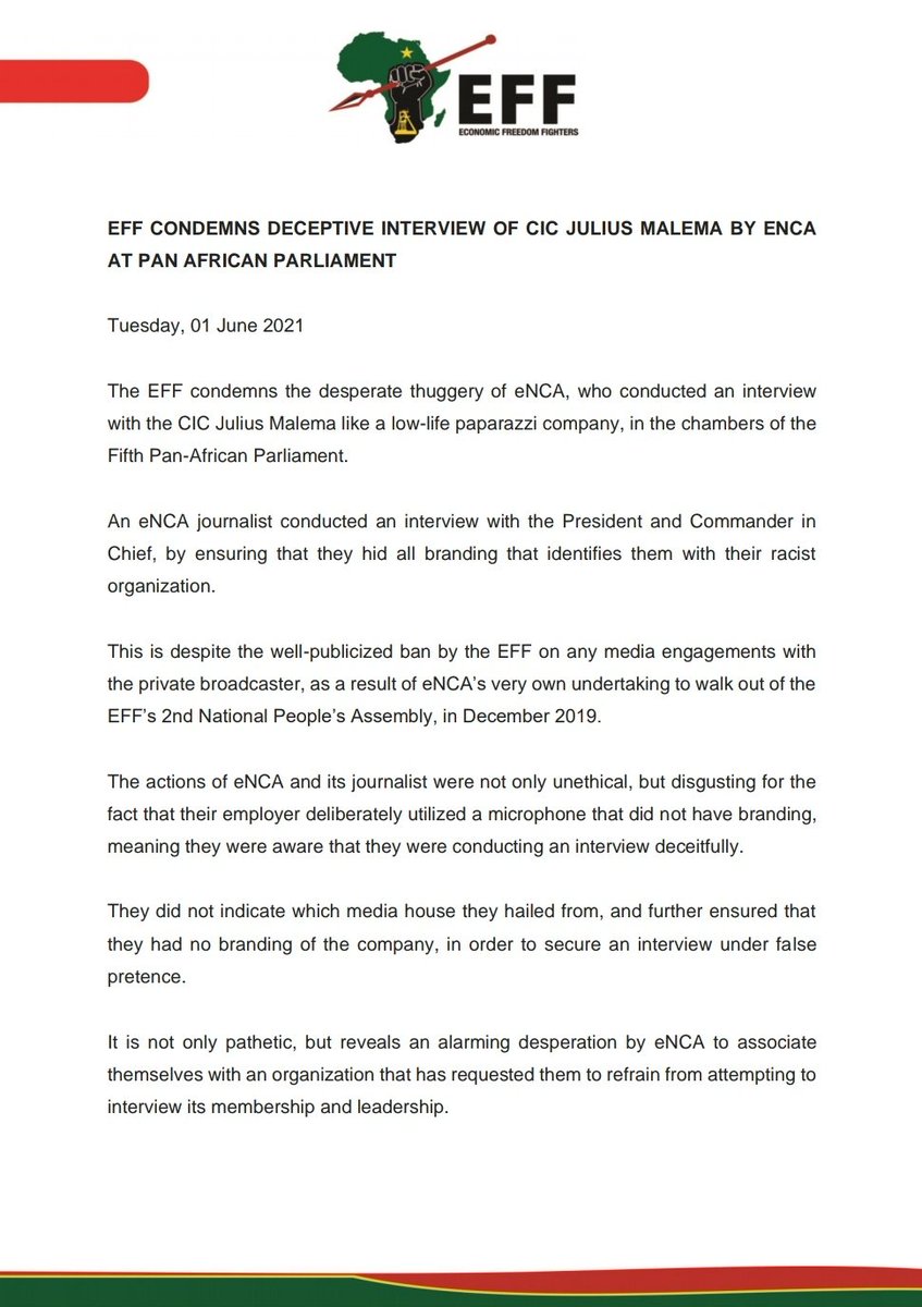 EFFSouthAfrica's tweet photo. EFF Condemns Deceptive Interview Of CIC @Julius_S_Malema By eNCA At Pan African Parliament https://t.co/5hWj2MhjSw