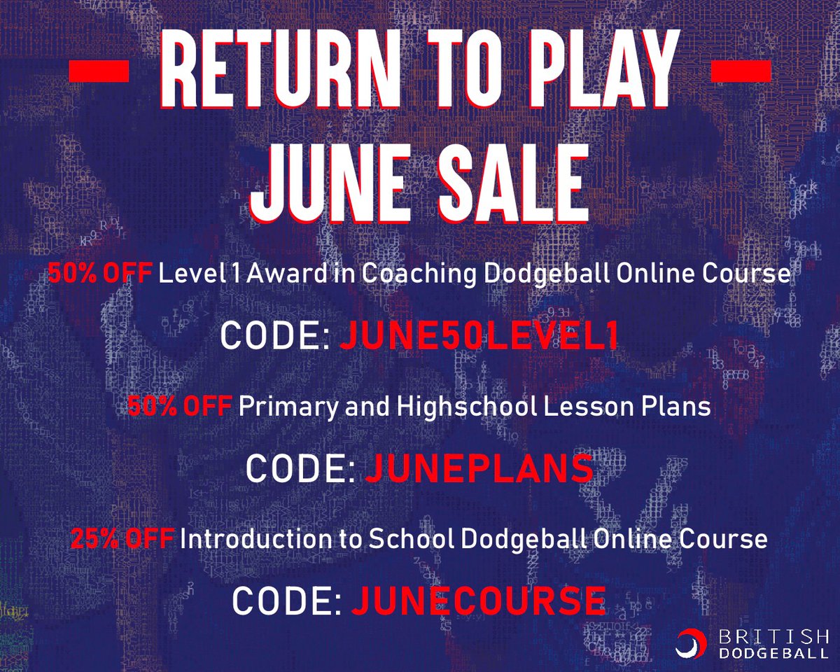 RETURN TO PLAY - 💥 JUNE SALE 💥 

Celebrate Return to Dodgeball with our June Sale, saving up to 50% on some of our Online Courses. Improve your game this summer. Find the links on our Facebook Page. 

#JUNESALE #SALE #onlinecourses #coach #schools #course #online #save #50%OFF