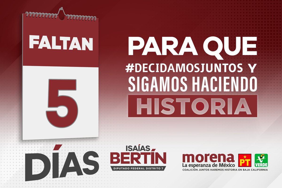 isaiasbertinbc's tweet photo. ¡Un paso más cerca de seguir haciendo historia en #BajaCalifornia! Estamos a 5 días de defender la esperanza ante las urnas, ¡vamos por todo con Morena!
#SomosDel7 
#DecidamosJuntos 
#VotaMorena https://t.co/gbbjpH0SxA