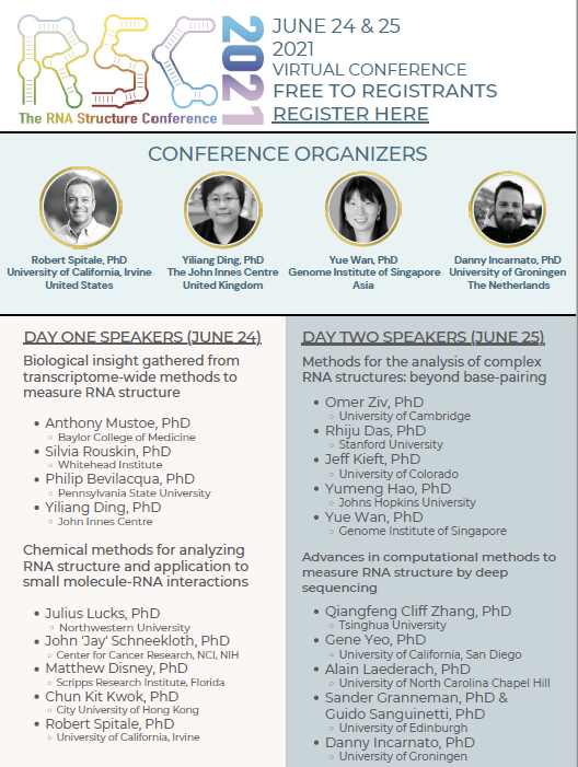 SpitaleLab's tweet photo. REMINDER: We are hosting a FREE and open symposium on RNA structure. Flyer below. Reserve June 24-25! Retweet!
@ywan_wan
@YiliangDing
@danny_incarnato
Registration: https://t.co/Lc3bNqfmmA https://t.co/uaLCXfMYDk