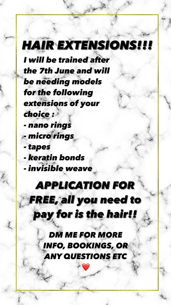 My daughter is looking for models for her new hair extension business after she completes her training next week. 
She is offering consultation &amp; fitting free to build her portfolio so all you would need to pay for is the hair. 
Location - Guildford 
DM for more details.