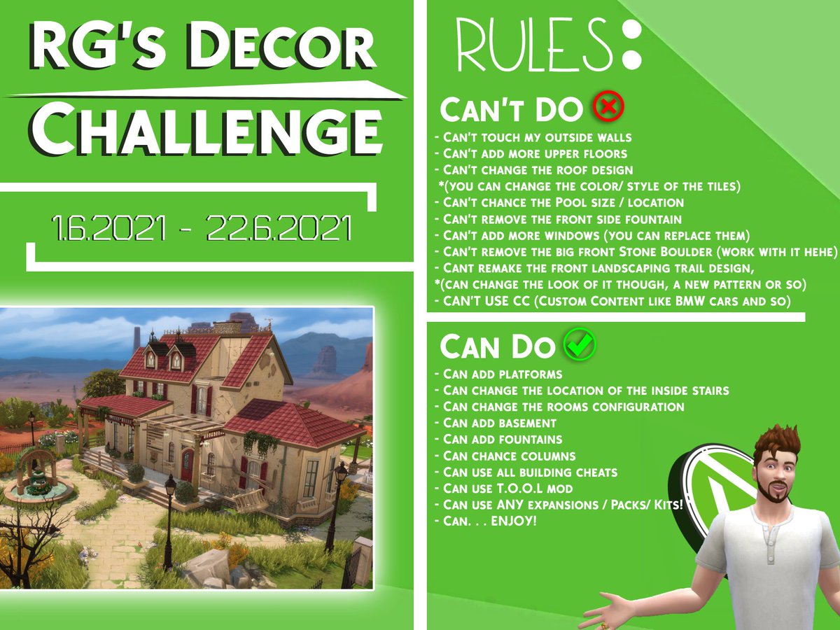 RG's Decor Challenge! Let's celebrate the new sims 4 #DreamHomeDecorator pack with this super tough challenge! 
can you renew this estate with my super hard rules?!
feel free to try! 😈
Submit your creations by the 22.06.2021 
more info in the speed build below! 
Can't wait! RG🥰