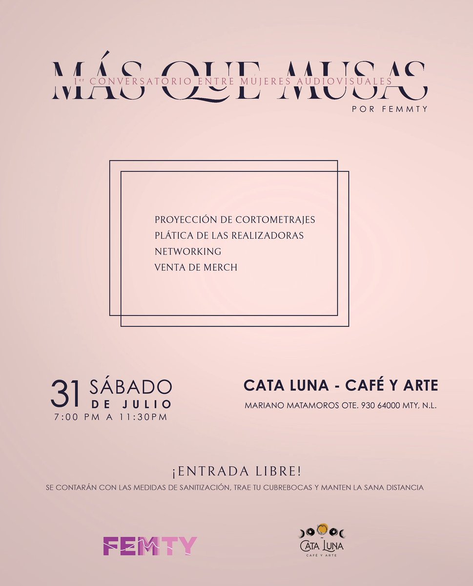 ColectivoFEMMTY's tweet photo. Las invitamos a la 1er edición de Más que Musas, conversatorio entre mujeres audiovisuales. 

Las creadoras que deseen participar pueden enviar su proyecto de máximo 15 min. al correo colectivofemmty@gmail.com

Entrada libre y gratuita. 

¡Las esperamos!

https://t.co/repqzsaC6Q https://t.co/CtNpnHtXUo