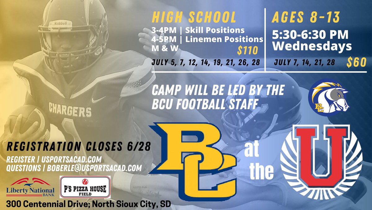 Learn from some of the best football minds in the Siouxland area! Join us for the BC at the U Football Camp‼️
🏈 <a href="/bcuchargers/">Briar Cliff Athletics</a> Staff
📍 <a href="/u_turf/">United Turf and Cages</a> 
🔗 unitedsportsacademy.sportngin.com/register/form/…
