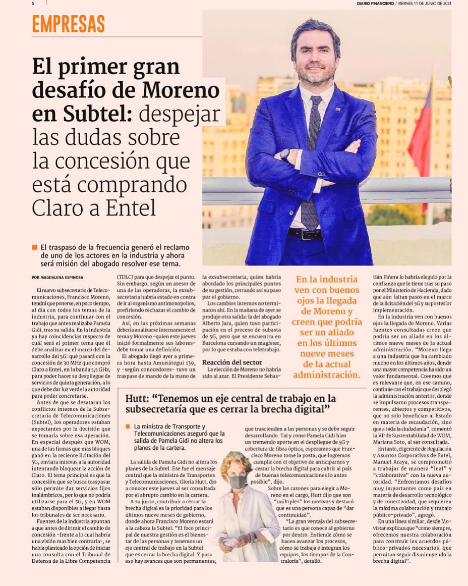 Moreno_Fco's tweet image. Asumo el liderazgo de @subtel_chile con energía, compromiso y entusiasmo. Disminuir la  #BrechaDigital, seguir vertebrando a Chile de fibra óptica, potenciar al país como #HubDigital de la región y desplegar la tecnología #5G son los desafíos más urgentes que nos convocan 🇨🇱📡