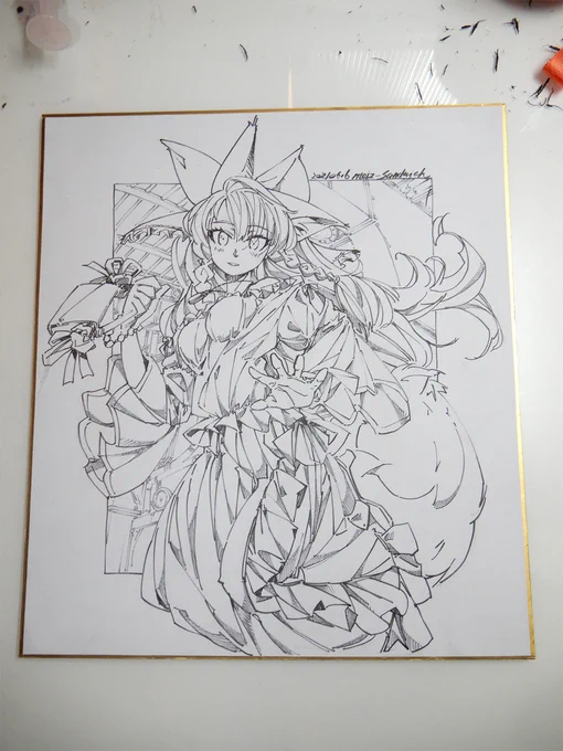 デジカメ撮影版。
#狐娘 #色紙 #線画 