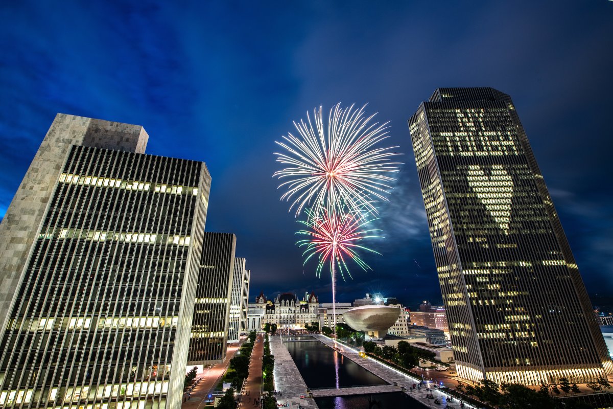 NYGovCuomo's tweet photo. Fireworks across New York State tonight, celebrating the 70% adult vaccination milestone.

This is for all the essential workers who showed up and helped get us to this day. #NYTough https://t.co/uip0KsOs4h