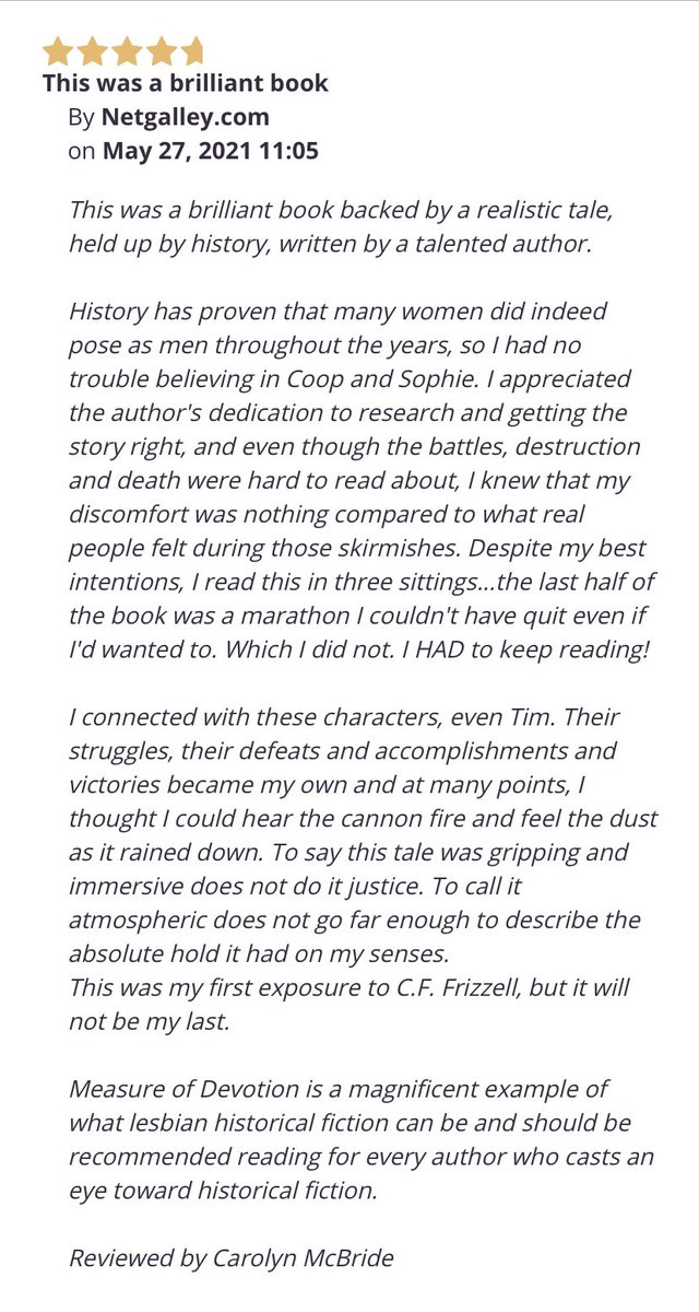 I really appreciate the kind words and I hope other readers enjoy my latest book Measure of Devotion. #civilwar #historicalromance #wlw #LGBTQIA #readers #books #readingcommunity