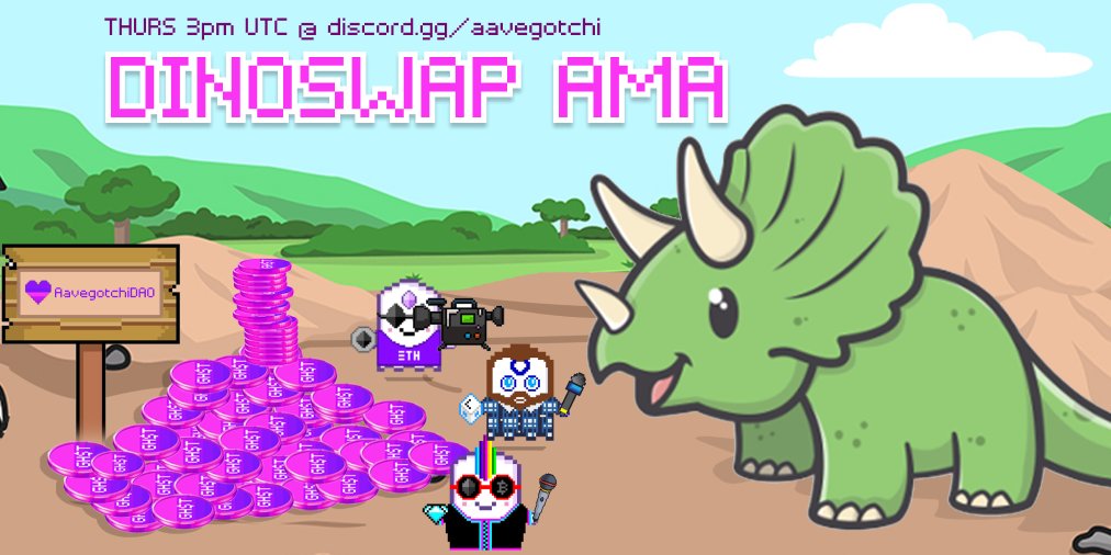 Can Dinos and Gotchis be frens? 
Let's find out in an AMA w/ <a href="/DinoSwapHQ/">DINOSWAP</a>!

🕒Wen: THURS June 17, 3PM UTC
👾Wer: discord.gg/aavegotchi
🦖Wut: Dinoswap is a new multi-chain liq. aggregator launching soon™️ on <a href="/0xPolygon/">Polygon | POL</a>

Learn moar in this exclusive #GotchiGang &amp; frens AMA 👻🎙🦖