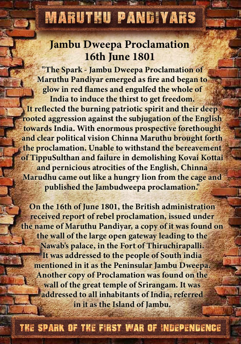 MaruthuBrothers's tweet photo. Maruthu Pandiyars 
#JambudweepaProclamation🔥
16th June 1801

   A patriotic call to join hands with one another irrespective of caste, color, and creed, religion, rich and poor to fight against imperialism and anti slavery.

#1801_ஜம்புத்தீவுபிரகடனம் https://t.co/nAoWcrW0Vi