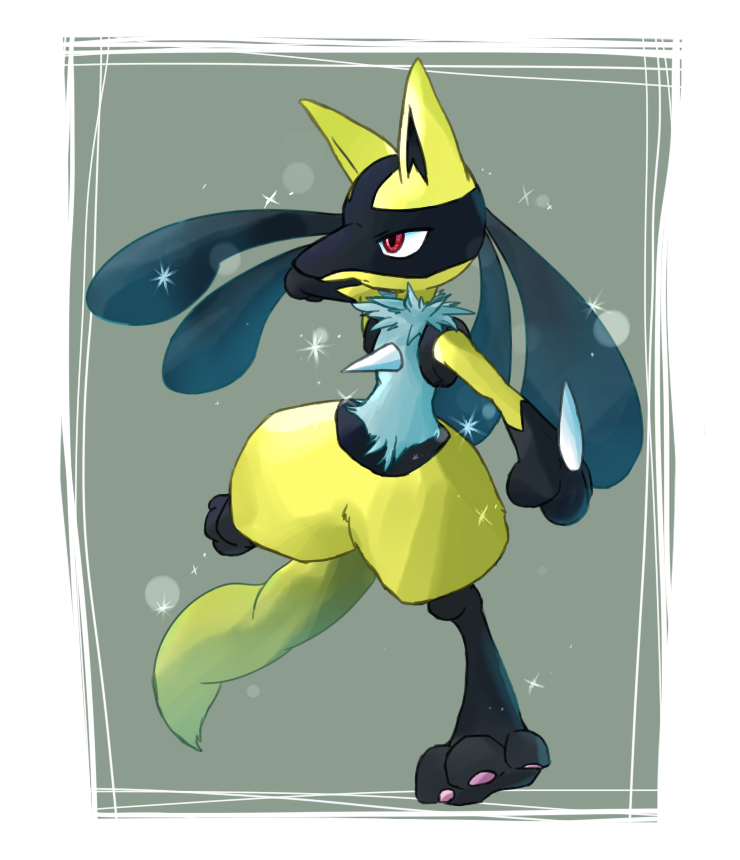 lucario pokemon (creature) solo furry yellow fur red eyes spikes standing  illustration images