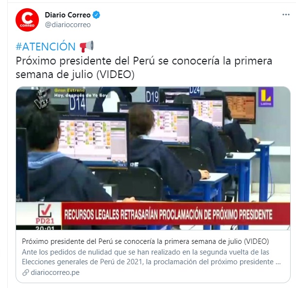 Libertad_Peru's tweet photo. Primera semana de Julio 2021 recien se sabra quien sera Presidente. en 3 semanas !!!!!
#HabemusPresidente #CastilloChalleng https://t.co/dybkUSPdAk