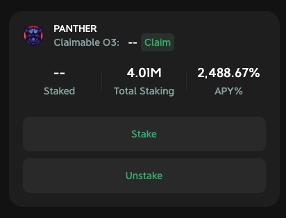 PantherSwap's tweet photo. #O3Swap Icing Sugar Mining#2 #BSC edition
🔥2,400%+ APY for $PANTHER staking.
 
🌐https://t.co/3ejj70nJ7a

#BSC #BinanceSmartChain #Binance #DeFi #cake #YieldFarming #pancakeswap #pantherswap https://t.co/QeMSWA9a8M