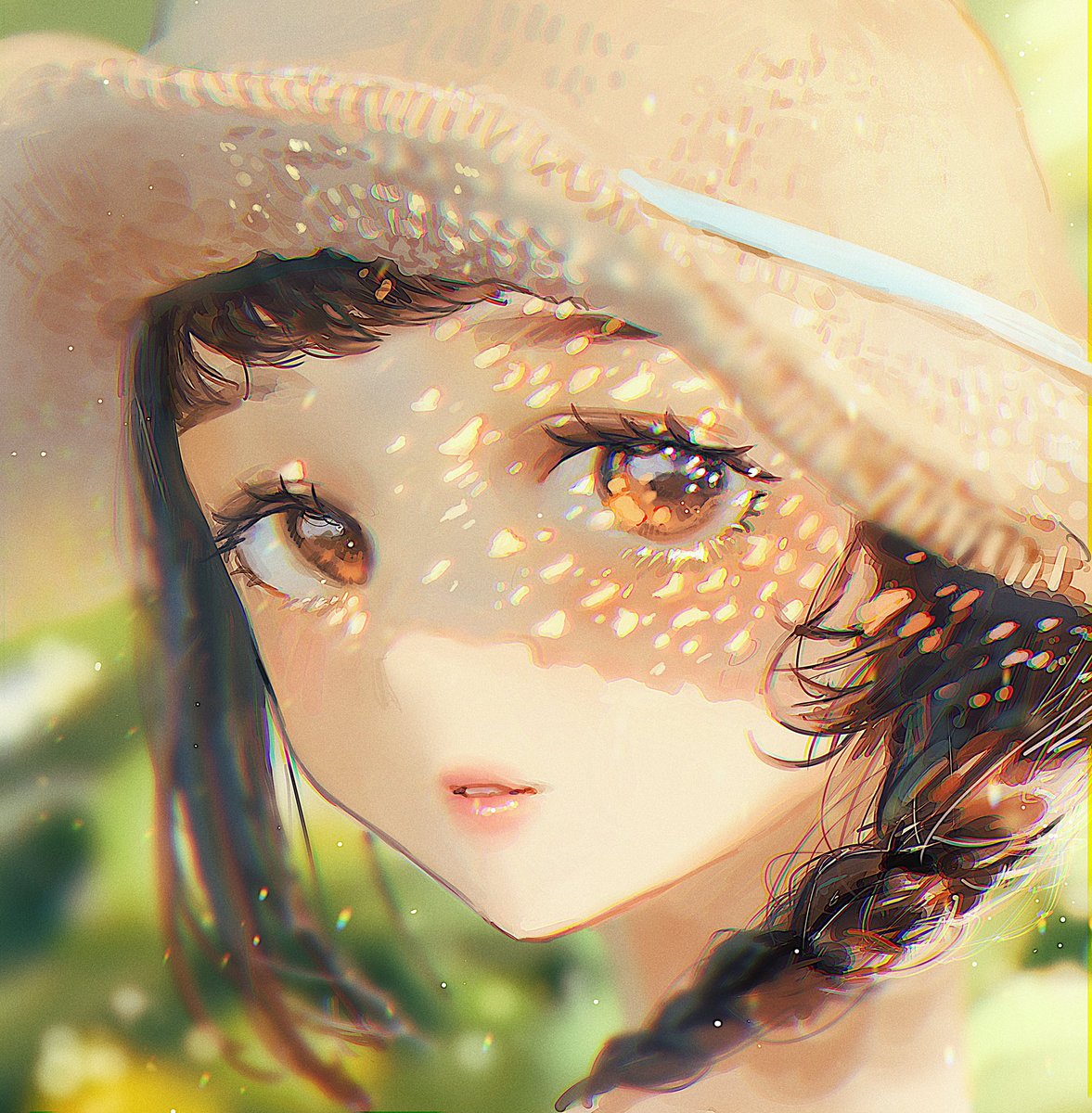 1girl solo hat braid blurry brown eyes portrait  illustration images