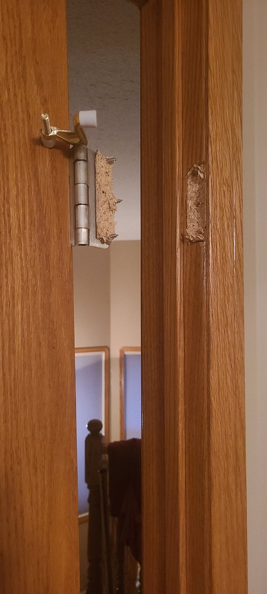 NurseMom5AB's tweet photo. Welp.
Girls had broken a piece off my door (strip that stops the door when closing). Wind came up quick tonight. Bedroom window open.
Blew my door right off its hinges!😳😳🧐
#WildWinds
That was a first. Holy forking shirtballs! https://t.co/sEU3KfIekO