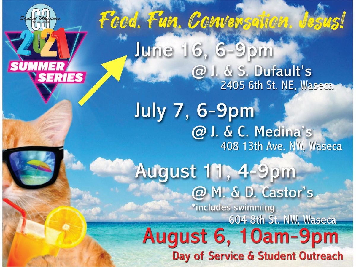 c3smwaseca's tweet photo. Join us tomorrow night for our first 2021 Summer Series event! Bring a friend and let’s have some fun! Due to construction, get dropped off at the bike path right near the water park and walk to the Dufault home! See you tomorrow! https://t.co/kIdO19iqvq