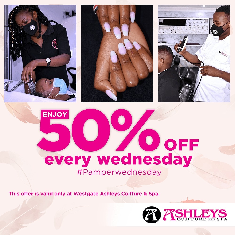 AshleysKenya's tweet photo. #pamperwednesday is here, enjoy upto 50% off discount each and every Wednesday only at #ashleyswestgate @westgatemallke .
.
.
.
#ashleyswestgate #westgatemall #pamperwednesday #hairlove #Ngong #Kileleshwa #Westlands  #MainaAndKingangi #AzziadAt21 #nairobi https://t.co/3hIUCmVnhl