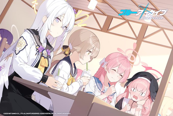 【お祝いイラスト】
eno(@enosan_Q)先生から、「エデン条約編」開始のお祝いイラストを頂きました!ありがとうございます!

補習授業部のみなさんがカフェに集まって、女子会でしょうか?
またハナコさんが何かアレなことを口にされたのか、コハルさんが凄い表情をされていますね…!?
#ブルアカ 