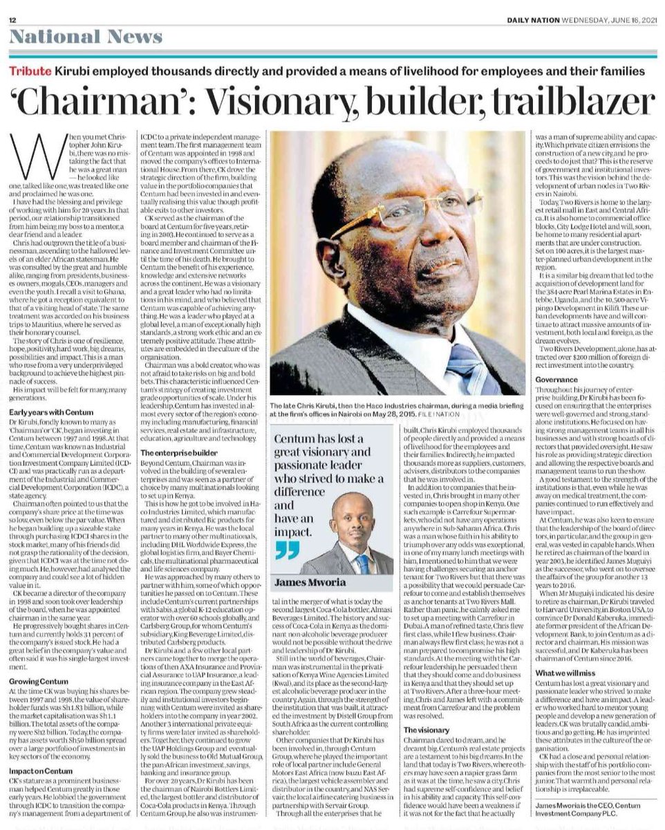 MworiaJ's tweet photo. A tribute to a visionary leader @CKirubi You came, you saw you conquered.@CentumPLC https://t.co/hUrQd7fmvN