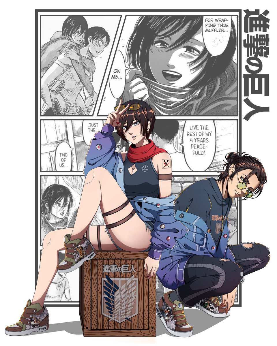 maximdraws's tweet photo. Eren &amp; mikasa
#AttackOnTitan #ErenYeager #MikasaAckerman  #couple #fanart #streetwear https://t.co/3bJpwN784G