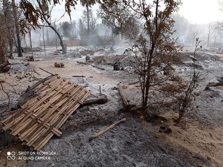 Coup council's armed forces burn down a village, KinMa village, Mgway region. The whole village remains ashes overnight. Aged and disable people who could not run away remained inside the houses were caught in fire. 
#WhatsHappeningInMyanmar